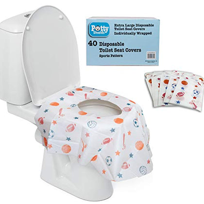 Disposable Toilet Seat Covers for Kids & Adults, 40 Pack - Protect from Public Toilet Germs While Potty Training & More - Extra Large, Waterproof, Portable, Individually Wrapped - Blue/Sports