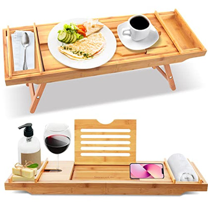 SereneLife Bath Caddy Breakfast Tray Combo - Natural Bamboo Wood Waterproof Tub and Bed with Folding Slide-Out Arms, Device Grooves, Wine Glass Soap Holder
