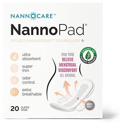 NannoPad Super - Certified Organic Cotton - Naturally Relieve Your Discomfort - No Fragrances, Chemicals or Dyes - Odor-Control and Breathable 1 Pack (20 Pads) Nannocare