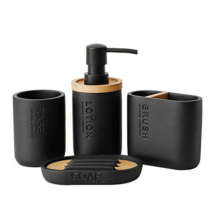 zhanwang Bathroom Accessories Set of 4 Including Decorative soap Dispenser, soap Dish, Glass Toothbrush Holder and Wood and Bamboo Accessories, Black, 2.48*2.48*6.24