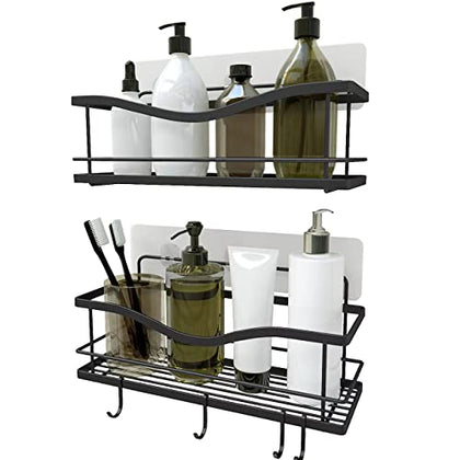 KINCMAX Shower Caddies (2 Pack), Rustproof Stainless Steel, Adhesive Wall Mount Baskets with 4 Hooks (Matte Black)