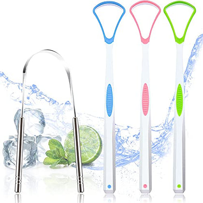 4PCS Tongue Scraper, Stainless Steel Tongue Cleaners, 100% BPA Free Fresher Tongue Tools, Healthy Oral Hygiene Brushes, Medical Grade Reusable Stainless Steel, Eliminate Bad Breath