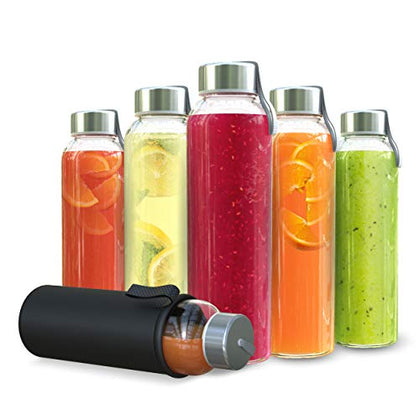 Chef's Star 18 Oz Clear Glass Water Bottles, Reusable Glass Juicing Bottles with Protection Sleeve and Stainless Steel Leak Proof Lids, Set of 6