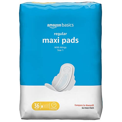 Amazon Basics Thick Maxi Pads with Flexi-Wings for Periods, Regular Absorbency, Unscented, Size 1, 36 Count, 1 Pack (Previously Solimo)