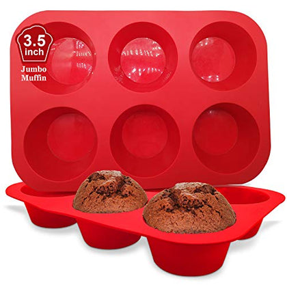 Walfos Silicone Texas Muffin Pan Set- 6 Cup Jumbo Silicone Cupcake Pan, Non-Stick Silicone, Just PoP Out! Perfect for Egg Muffin, Big Cupcake - BPA Free and Dishwasher Safe, Set of 2
