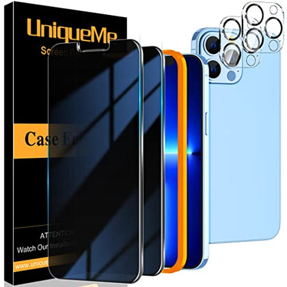 UniqueMe [2+2 Pack Compatible with iPhone 13 Pro 6.1 inch[Not for iPhone 13 Pro Max] Privacy Screen Protector Tempered Glass and Camera lens Protector, Anti Spy [Easy Installation Frame] Bubble Free
