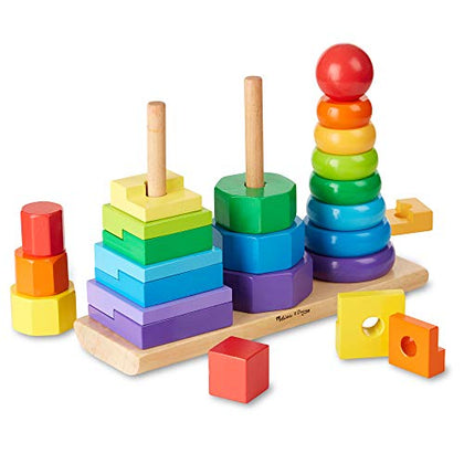 Melissa & Doug Geometric Stacker - Wooden Educational Toy - Shape Sorter And Stacking Toy, Stacking Tower Toy For Babies, Toddlers And Kids Ages 2+