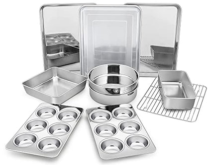 Bakeware Sets of 11, P&P CHEF Stainless Steel Baking Pans Set, Includes Baking Sheets and Rack, Lasagna Pan with Lid, Round/Square Cake Pan, Muffin Pans, Loaf Pan, Reusable & Durable