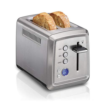 Hamilton Beach 2 Slice Toaster with Extra-Wide Slots, Bagel Setting, Toast Boost, Slide-Out Crumb Tray, Auto-Shutoff & Cancel Button, Digital with Defrost Function, Stainless Steel (22796)