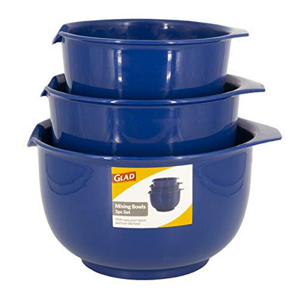 GLAD Mixing Bowls with Pour Spout, Set of 3 | Nesting Design Saves Space | Non-Slip, BPA Free, Dishwasher Safe Plastic | Kitchen Cooking and Baking Supplies, Blue