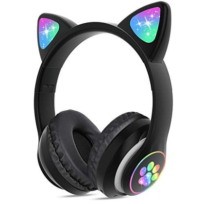 TCJJ Wireless Headphones Cat Ear LED Light Up Bluetooth Foldable Headphones Over Ear w/Microphone for Online Distant Learning (Black)