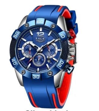 LIGE Men's Watch Fashion Waterproof Silica Gel Chronograph Luxury Business Analog Quartz Watches Classic Blue Belt Date Calendar Watch