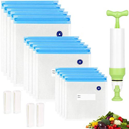 Sous Vide Bags 20pack Reusable Vacuum Food Storage Bags with 3 Sizes Vacuum Food Bags,1 Hand Pump,4 Sealing Clips for Food Storage and Sous Vide Cooking (Blue Kit)