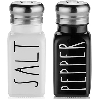 Farmhouse Salt and Pepper Shakers Set by Brighter Barns - Cute Modern Farmhouse Kitchen Decor for Home Restaurants Wedding - Gorgeous Vintage Glass Black White Sets with Stainless Steel Lids