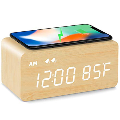 MOSITO Digital Wooden Alarm Clock with Wireless Charging, 0-100% Dimmer, Dual Alarm, Weekday/Weekend Mode, Snooze, Wood LED Clocks for Bedroom, Bedside, Desk, Kids (Bamboo)