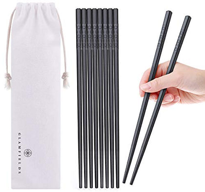 5 Pairs Fiberglass Chopsticks, GLAMFIELDS Reusable Japanese Chinese Chop sticks Dishwasher Safe, Non-slip, 9 1/2 inches - Black with Multi-purpose Drawstring Bag Carrying Case