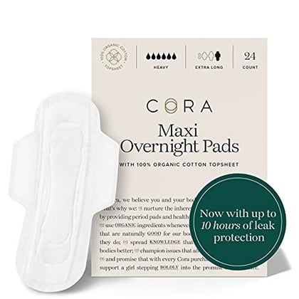 Cora Organic Cotton Topsheet Maxi Pads | Ultra Thin Period Pads with Wings | Maxi Overnight Absorbency | Unscented, Comfortable, Powerfully Absorbent, Leak Protection (24 Count)