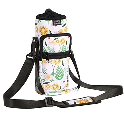 Nuovoware Water Bottle Carrier Bag, 25OZ/710ML Bottle Pouch Holder, Adjustable Shoulder Hand Strap 2 Pocket Sling Neoprene Sleeve Sports Water Bottle Accessories for Gym Hiking Travel, Yellow Daisy