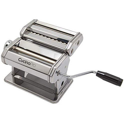 Pasta Maker Machine By Cucina Pro - Heavy Duty Chrome Coated Steel Construction with Fettucine and Spaghetti Attachments, Rollers w/Adjustable Thickness Settings, Manual Hand Crank, Recipes Included