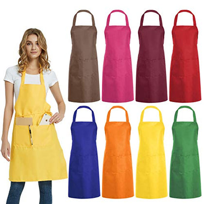 DUSKCOVE 8 PCS Plain Bib Aprons Bulk - Mixed Color Commercial Apron with 2 Pockets for Kitchen Cooking Restaurant BBQ Painting Crafting