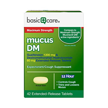 Amazon Basic Care Maximum Strength Mucus DM, Expectorant and Cough Suppressant Extended-Release Tablets, 42 Count