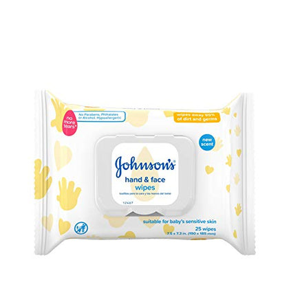 Johnson's Baby Disposable Hand & Face Cleansing Wipes, Pre-Moistened Wipes Gently Remove 99% of Germs & Dirt from Delicate Skin, Paraben-, Phthalate- & Alcohol-Free, Hypoallergenic, 25 ct