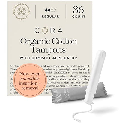 Cora Organic Applicator Tampons | Regular Absorbency | 100% Organic Cotton, Unscented, Plant-Based Compact Applicator | Leak Protection, Easy Insertion, Non-Toxic | 36 Count