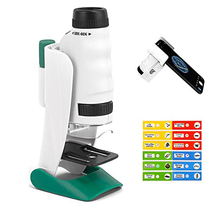 Science Can Microscope for Kids Pocket Microscope 60X-120X with 12 PCS Prepared Slides LED Light Outdoor Portable Mini Microscope Educational Science Kit for Kids Age 8+ Boys Girls Gift