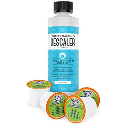 IMPRESA - 8 Ounce Coffee Machine Descaler and Cleaning Kit - 2 Uses Per Bottle - Includes 4 Cleaning Cups - Compatible with Keurig K-Cup Pod Machines -Solution and Stain Remover