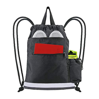 BeeGreen Drawstring Backpack Gym Backpack String Bag w Zipper Pocket Gym Bag for Sports Women Men Draw string Back Sack for Soccer Large Sports Bag Black 