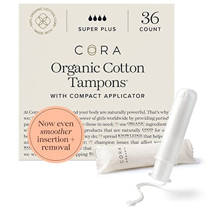 Cora Organic Applicator Tampons | Super Plus Absorbency | 100% Organic Cotton, Unscented, Plant-Based Compact Applicator | Leak Protection, Easy Insertion, Non-Toxic | 36 Count