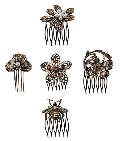 GRY 5PCS Vintage Bronze Hair Side Combs Pearl Rhinestone Metal Hair Clips With Teeth Grip Barrettes Pins for Women Hair Retro Accessories