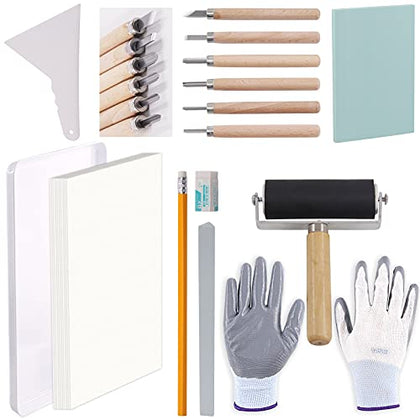Rustark 24 Pieces Block Printing Starter Tool Kit with Whetstone, Stamp Block, Carving Tools, Tracing Papers,Pencil, Gloves,Eraser and Scrapper, Rubber Stamp Making Kit for Stamping and Printmaking
