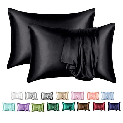 MR&HM Satin Pillowcase for Hair and Skin, Silk Satin Pillowcase 2 Pack, Standard Size Pillow Cases Set of 2, Silky Pillow Cover with Envelope Closure (20x26, Black)