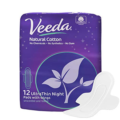 Veeda Natural Cotton Night Pads for Women, Hypoallergenic - Chlorine and Dye Free - unscented, Ultra-Thin, Super Absorbent, Overnight pads with wings, Sanitary Napkins, 12 Count