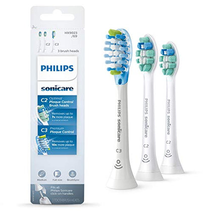 Philips Sonicare Genuine Toothbrush Head Variety Pack, C3 Premium Plaque Control and C2 Optimal Control, 3 Brush Heads, White, HX9023/69