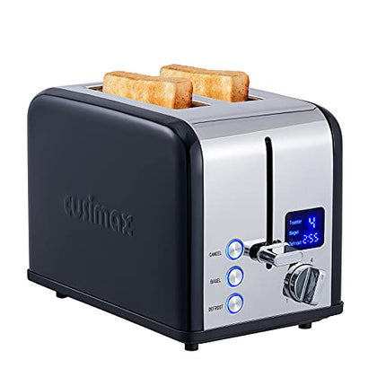 Toaster 2 Slice, CUSIMAX Stainless Steel Toaster with Large LED Display, Bread Toaster 1.5'' Extra-wide Slots with 6 Browning Settings, Cancel/Bagel/Defrost Function, Removable Crumb Tray, Black