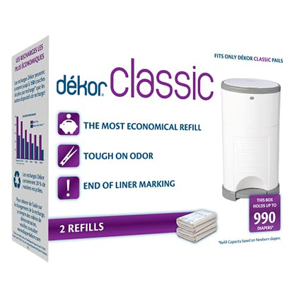Diaper Dekor Classic Diaper Pail Refills | 2 Count | Most Economical Refill System | Quick & Easy to Replace | No Preset Bag Size Use Only What You Need | Exclusive End-of-Liner Marking