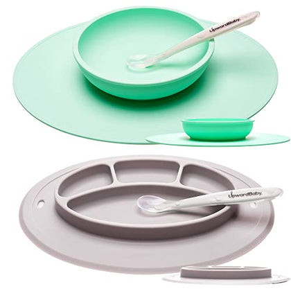 Upward Baby Suction Plates & Bowls for Baby -Toddler Essentials Silicone Baby Plate & Bowl with 2 Baby Spoons Self Feeding 6 Months - Kids Plates Baby Utensils & Baby Feeding Supplies BPA Free
