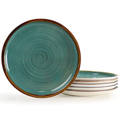 ONEMORE Ceramic Dinner Plates Set of 6, 8.5 inch Small Stoneware Plates for Appetizer, Salad and Dessert. Oven, Microwave and Dishwasher Safe Plate, Stackable, Rustic Kitchen Porcelain Dish, Teal