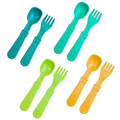 Re Play Made in USA Toddler Forks and Spoons, Pack of 8 Without Carrying Case - 4 Kids Forks with Rounded Tips and 4 Deep Scoop Toddler Spoons - 0.2