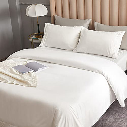 DERBELL Bed Sheet Set - Brushed Microfiber Bedding - Bedding Sheets & Pillowcases - Deep Pockets - Easy Fit - Breathable & Cooling Sheets- 4 Piece Queen White Sheets