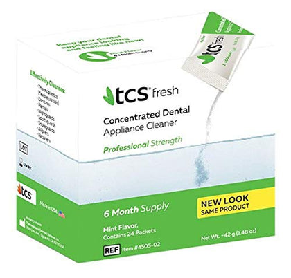 TCS Fresh Dental Appliance Cleaner - Professional Strength Concentrated Cleaner for Flexible Partials - Retainer Cleaner, Denture Cleaner, and Dental Night Guard Cleaner (24 Count (Pack of 1))