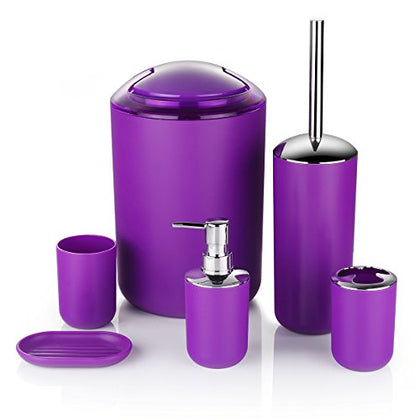 Bathroom Accessories Set 6 Piece - Trash Can, Toothbrush Holder, Toothbrush Cup, Soap Dispenser, Soap Dish, Toilet Brush Holder - Modern Bahtroom Decor Set (Purple)
