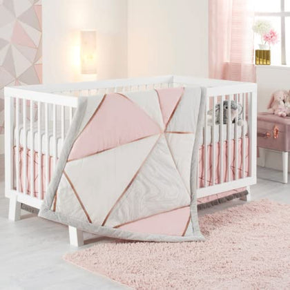 OBERLUX Crib Bedding Set for Girls- 4-Piece Baby Nursery Bedding Crib Set; Geometric, Rose Gold, Powder Pink & Marble | Precious Collection