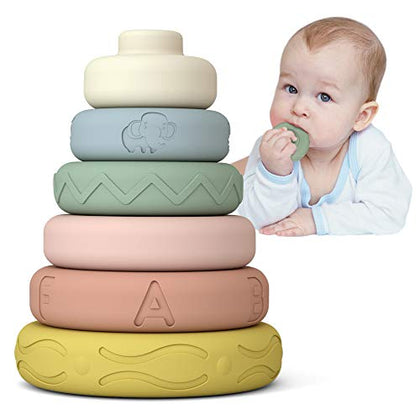 Mini Tudou 6 PCS Baby Stacking & Nesting Toys, Soft Stacking Blocks Ring Stacker, Baby Sensory Teether Toys with Letter, Animal and Shape, Early Learning Toys for Babies Toddlers Kids 6 Months