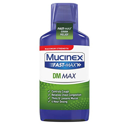 Maximum Strength Mucinex Fast-Max DM Max Liquid, 6 fl. oz. Controls Cough, Relieves Chest Congestion, Thins & Loosens Mucus(Packaging may vary)