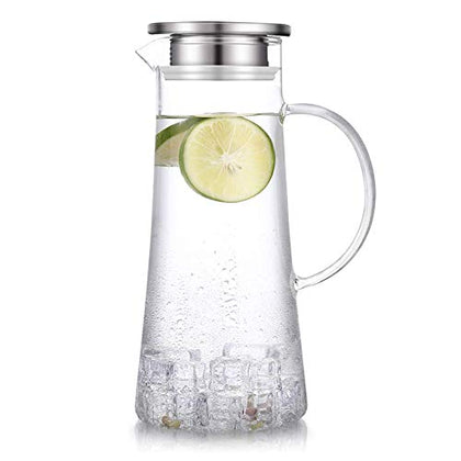 SUSTEAS 1.5 Liter 51oz Glass Pitcher with Lid, Easy Clean Heat Resistant Carafe with Handle for Hot/Cold Beverages - Water, Cold Brew, Iced Tea & Juice, 1 Free Long-Handled Brush Included