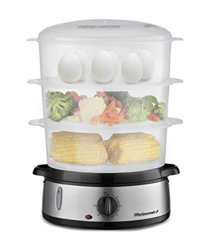 Elite Gourmet EST4401 Electric Food Vegetable Steamer with BPA-Free 3 Tier Stackable, Nested Basket Trays, Auto Shut-off 60-min Timer, 800W, 9.5 Quart, Stainless Steel