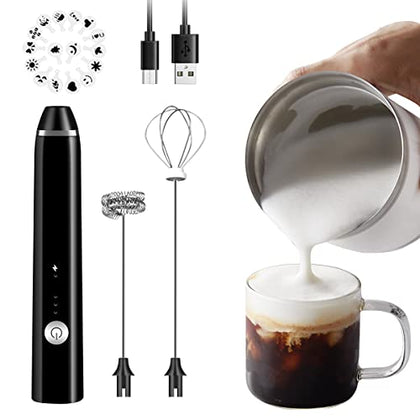 Fivtyily Milk Frother Handheld Rechargeable Foam Maker for Lattes, Electric Drink Mixer with 2 Whisks for Bulletproof Coffee, Mini Foamer for Cappuccino Frappe Matcha Hot Chocolate,16 Pcs Art Stencils